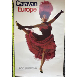 Vintage Cancan Dancer Photo Poster France Travel Caravan Tours 1984 Excellent